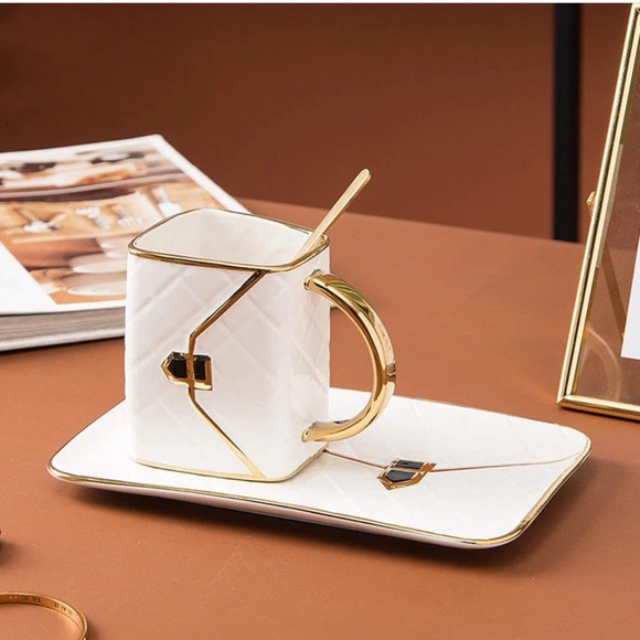 Handbag-Shaped Creative Ceramic Mug With Saucer Porcelain Tray&Spoon WHITE/gold - Picture 2 of 3